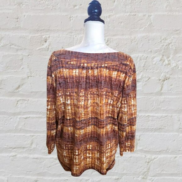 Ruby Rd. Open V Neckline Gathered Brown & Orange Long Sleeve Casual Top - Picture 3 of 5